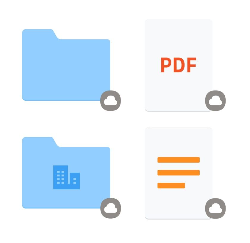 显示 Dropbox 文件夹中的文件夹、PDF 和文档的四个图标