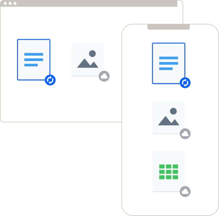 智能手机屏幕和桌面屏幕上的 Dropbox 文件夹图标，表示 Dropbox 可跨多设备使用
