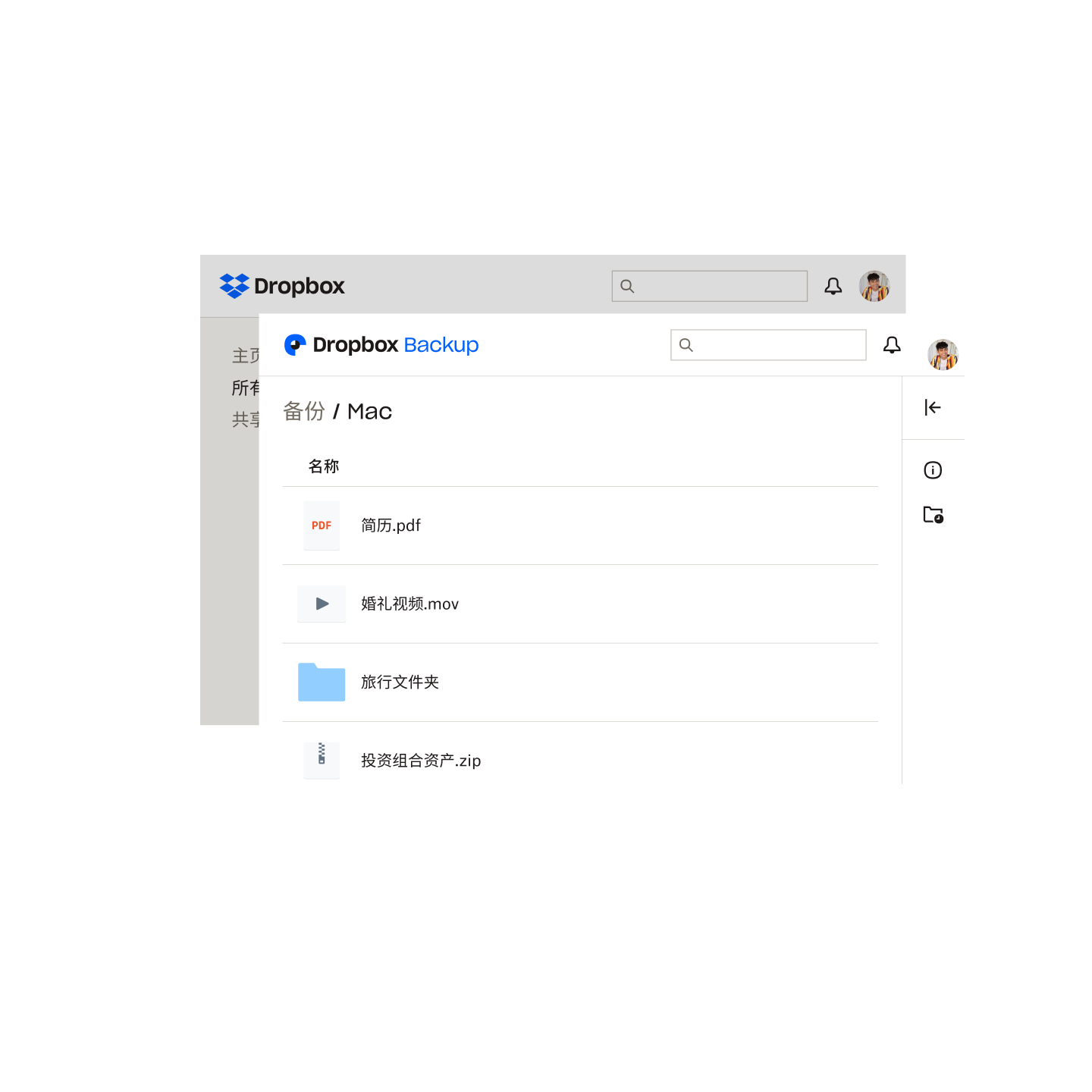 用户 Mac 上已在 Dropbox Backup 中备份的文件的列表