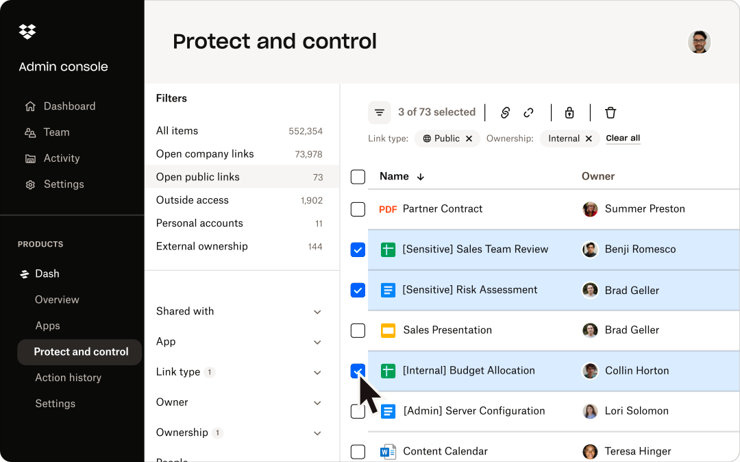 Dropbox Dash software interface with a cursor arrow selecting files to designate who can access them.