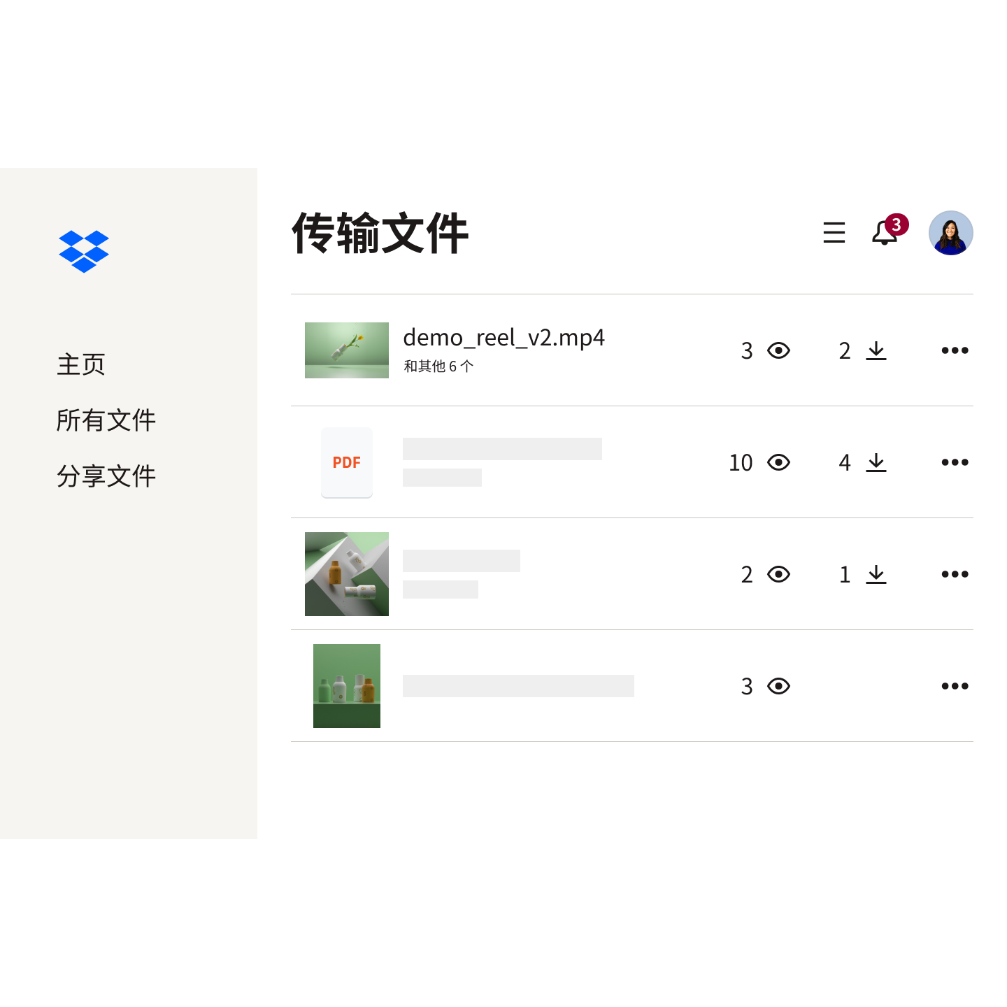 Dropbox Transfer 中的文件列表，均带有查看和下载计数。