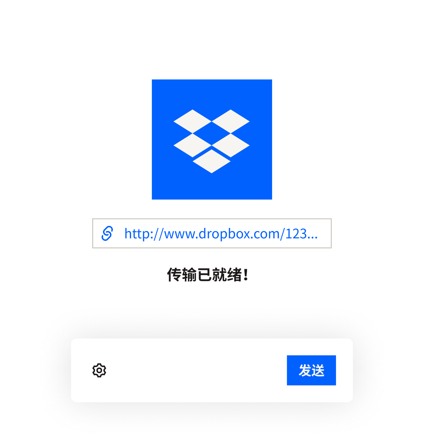 Dropbox 传输已准备就绪的消息位于进度条上方，鼠标悬停于发送按钮上方。