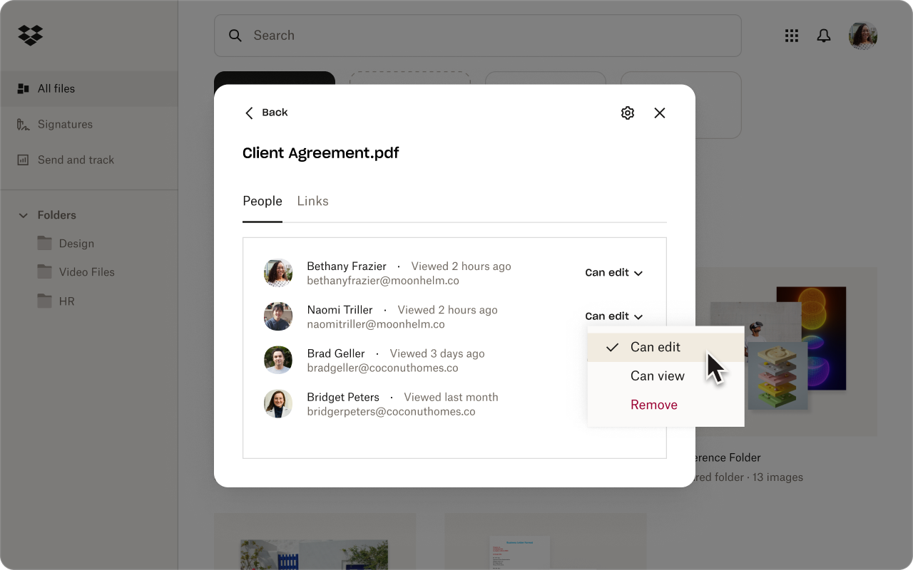 五分钟一期官方查询网站 interface showing the 'Client Agreement.pdf' file's sharing settings
